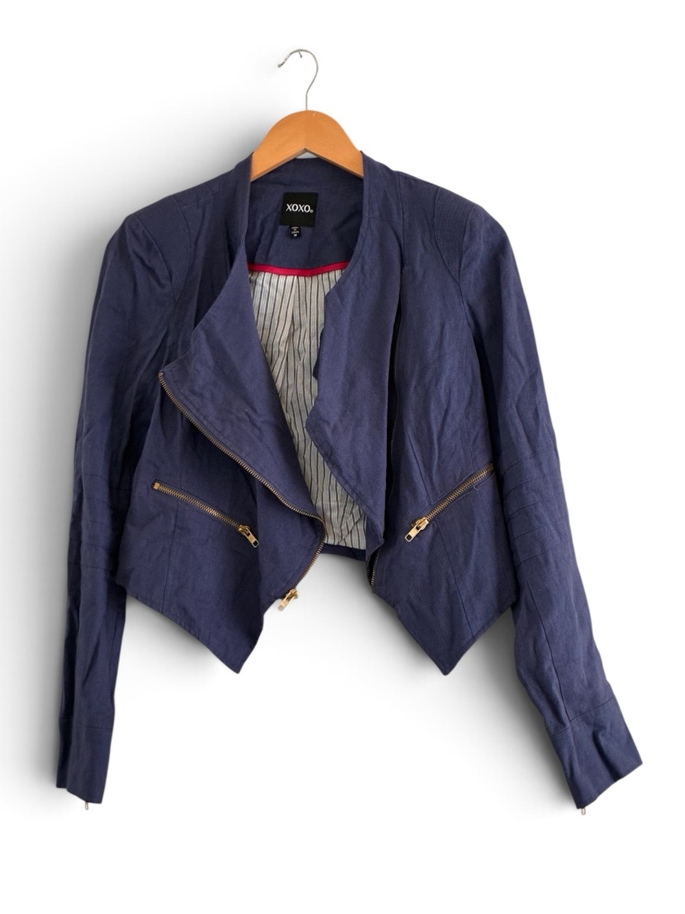Xoxo | Like new blue linen blend cropped fitted moto jacket blazer size medium